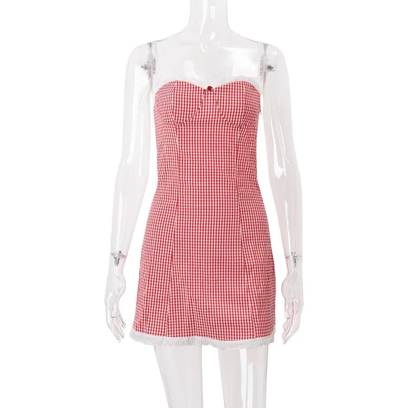 Women's Red Plaid Dress Vintage Sleeveless Off Shoulder Mini Dresses Y2k Elegant One Piece Frocks 2000s Coquette Clothes Summer