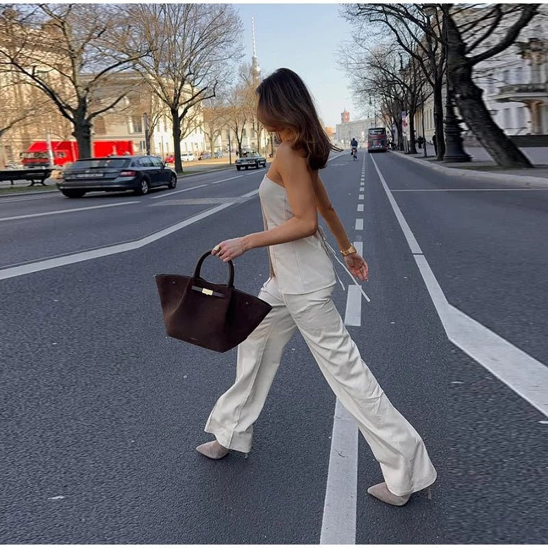Casual Single Breasted Pants Sets Women Solid Strapless Top High Waist Wide Leg Pant 2025 Spring Summer Lady High Street Outfits