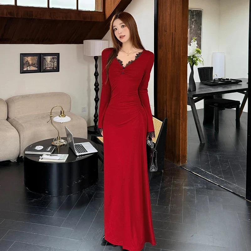 Elegrance French Style Purple Long Dress For Women Autumn Winterdeep V-neck Lace Splicing Belted Waist Slim Fit Long Dress