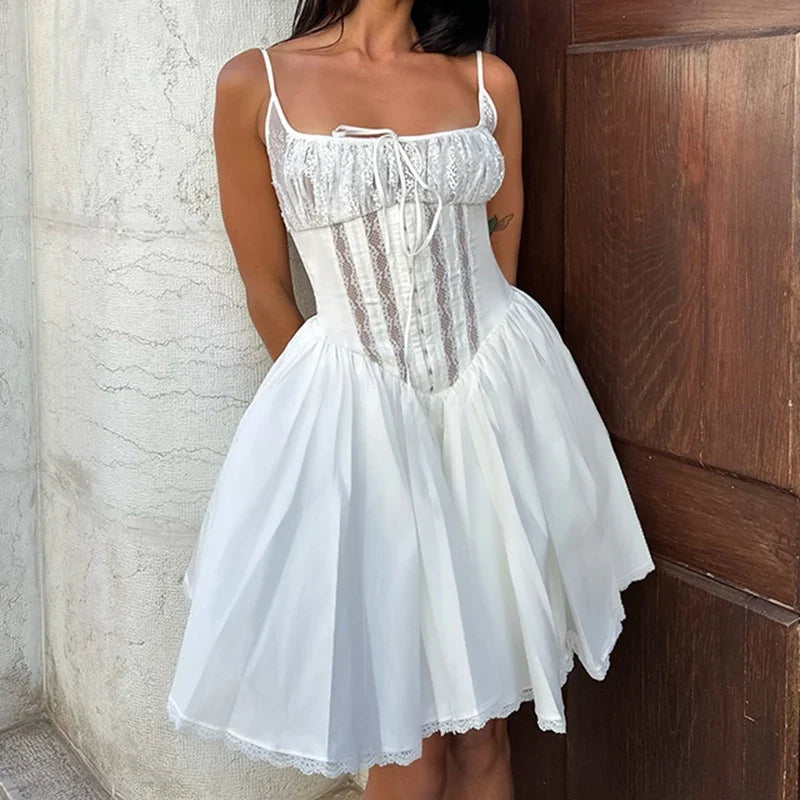 Lace Patchwork Sleeveless A-line Dress Holiday Party Evening Ball-gown Mini Dresses French Style Robe Elegant Outfits