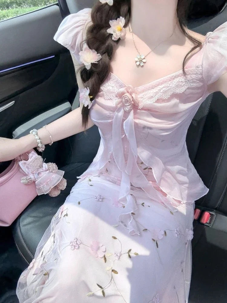 French Style Elegant Party Strap Long Dress Women Beautiful 3D Floral Spaghetti Dresses Seaside Vacation Pink Fitted Outfits New