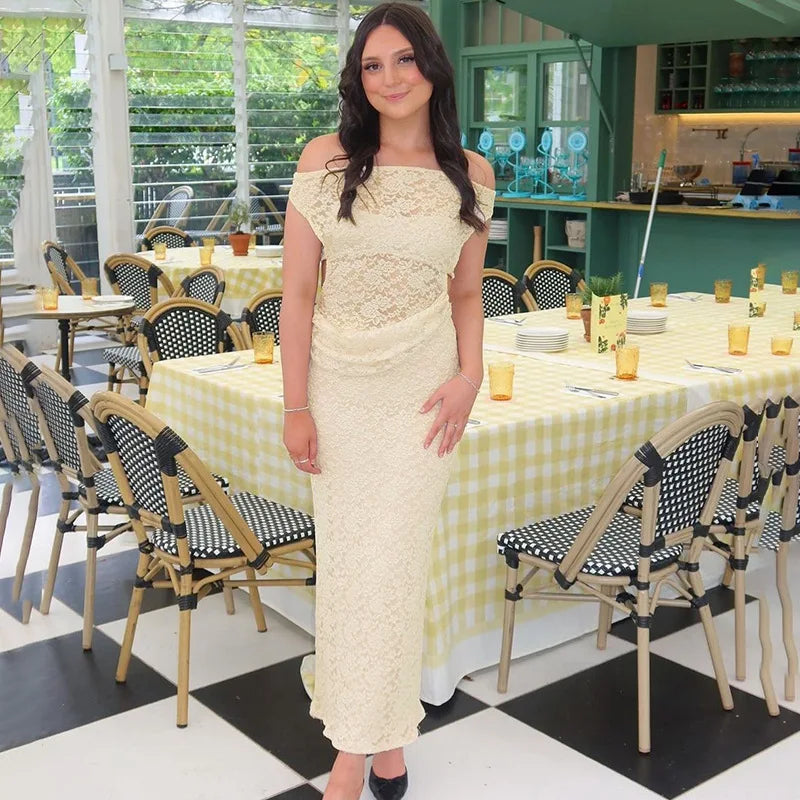 Off Shoulder Floral Lace Asymmetric Neckline Bodycon Maxi Dress
