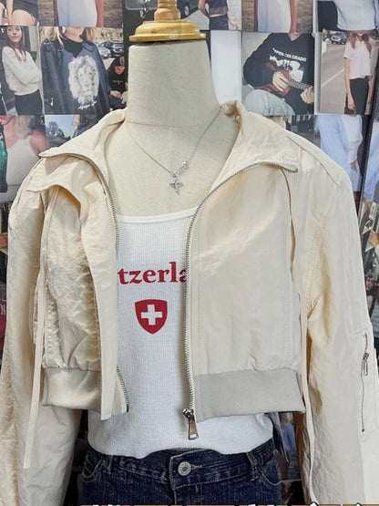 Vintage Solid Drawstring Jackets For Women Basics Streetwear Turn-down Collar Cardigan Coat Simple Y2K Harajuku Crop Top Female