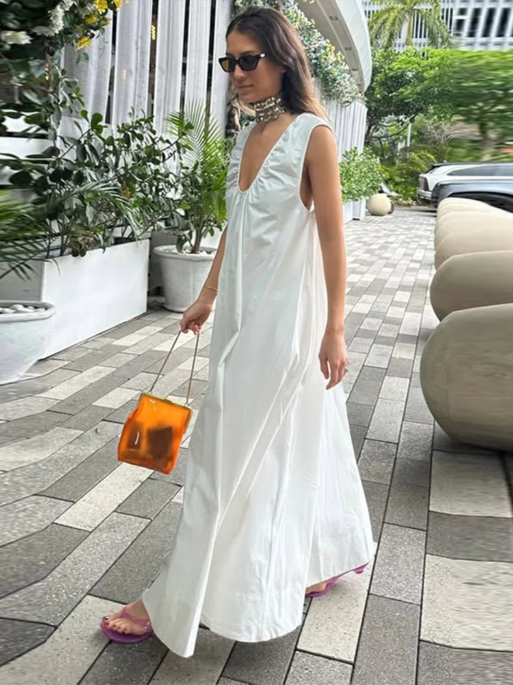Elegant V-neck Long Dress Women Loose White Sleeveless Backless A-line Beach Dresses 2025 Summer Lady Casual Solid Chic Robes