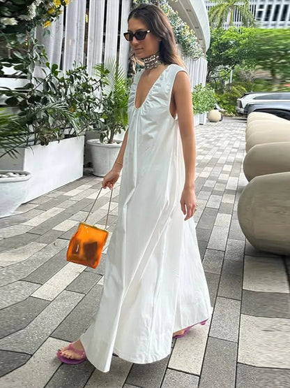 Elegant V-neck Long Dress Women Loose White Sleeveless Backless A-line Beach Dresses 2025 Summer Lady Casual Solid Chic Robes