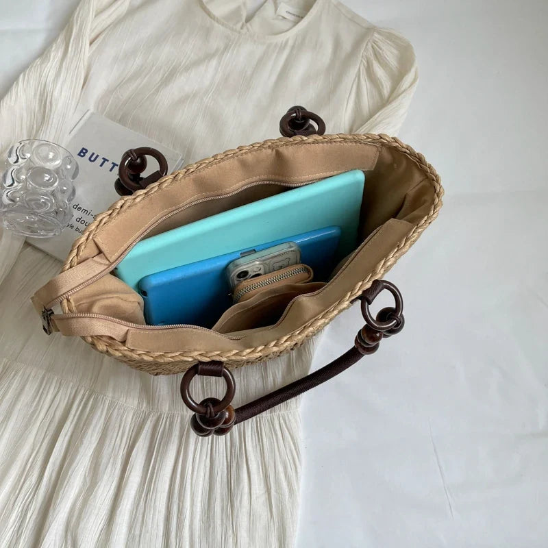 Khaki Straw Bag For Women Half Moon Design Beach Shoulder Bag With Short Handle Tote Summer Travel Handbag Fashion Handmade Bag