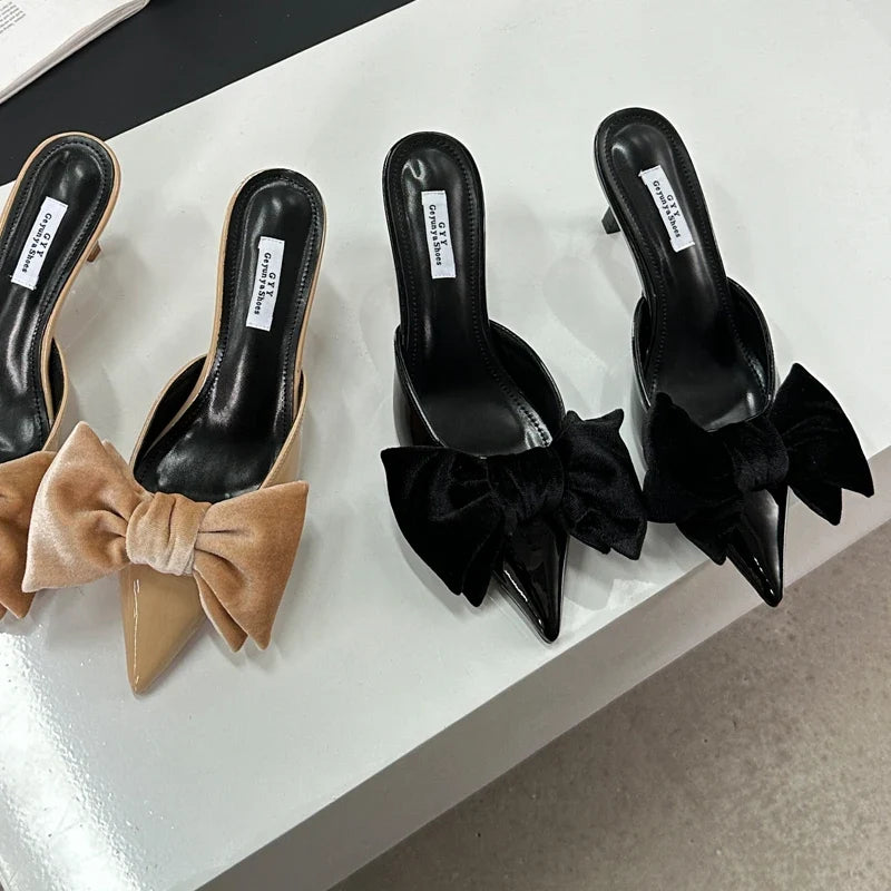 Sexy Bowknot Women Slippers Pointed Toe Stiletto Low Heels Mules Slides Party Dress Summer Shoes