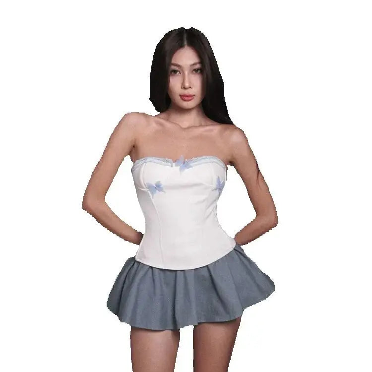 Elegant Butterfly Decoration 2Piece Set Women Lace Sleeveless Backless Mini Tops+Solid Folds Mini Skirts Matching Suits