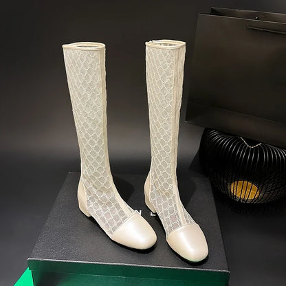 Knee High Mesh Hollow Out Lace Women Boots Round Toe Low Heels Solid Color New Fashion Elegant Concise Sweet Sexy Female Shoes