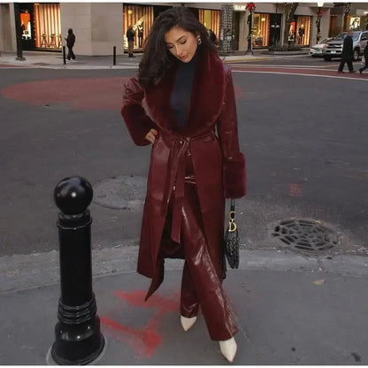 Elegant Fur Leather Women's Long Coat Red Long Sleeve Lapel Lace Up Loose Patchwork Jacket 2025 Fashion Autumn Winter Coats