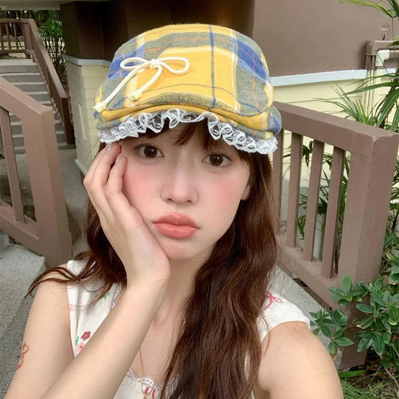 Y2K Cute Bow Lace Berets Cap for Women Spring Summer Sweet and Cool Versatile Dopamine Contrasting Color Plaid Forward Hats