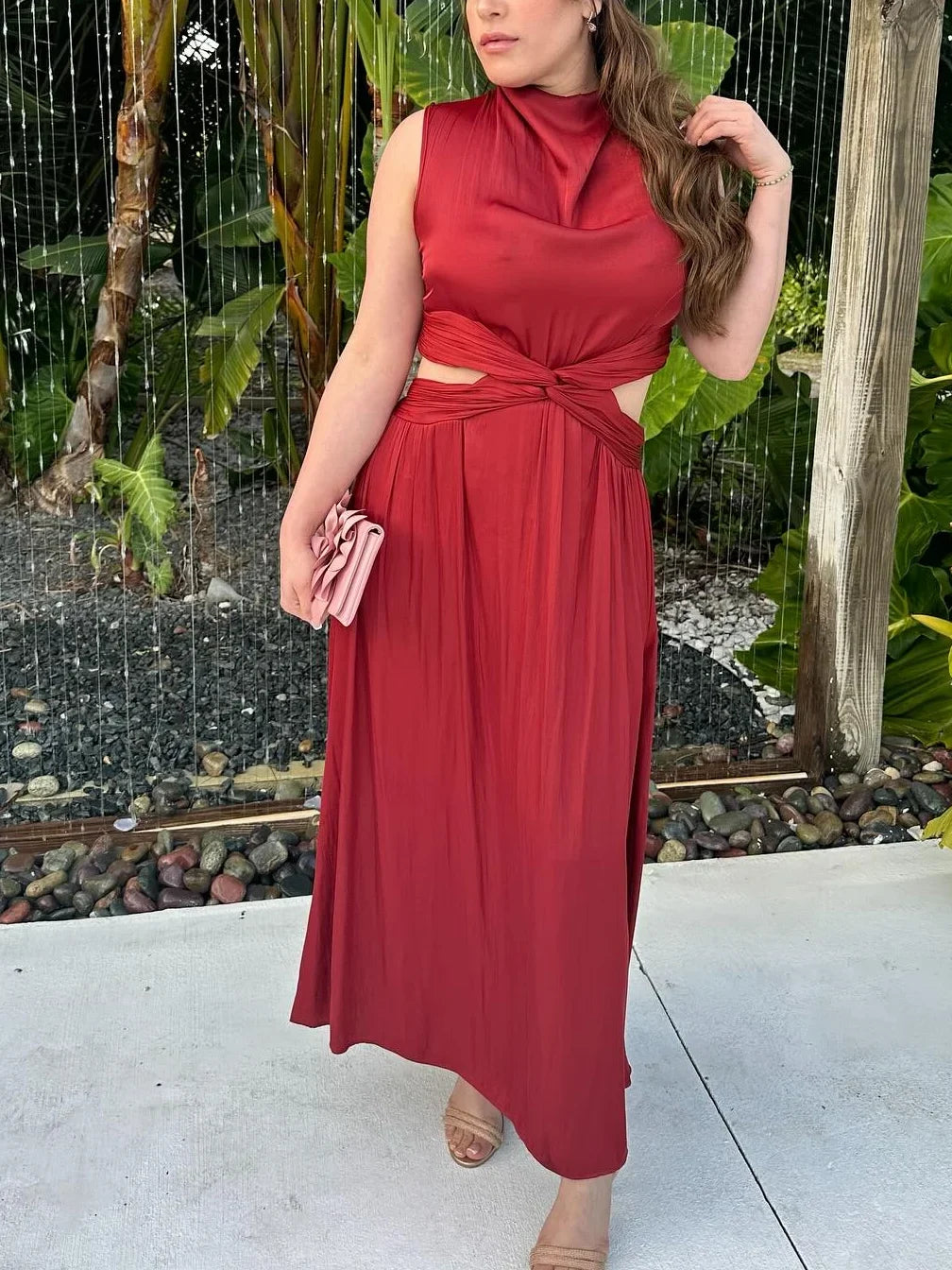 Summer new women's fashion versatile high-end simple round neck sleeveless party silk textured mid-length dress