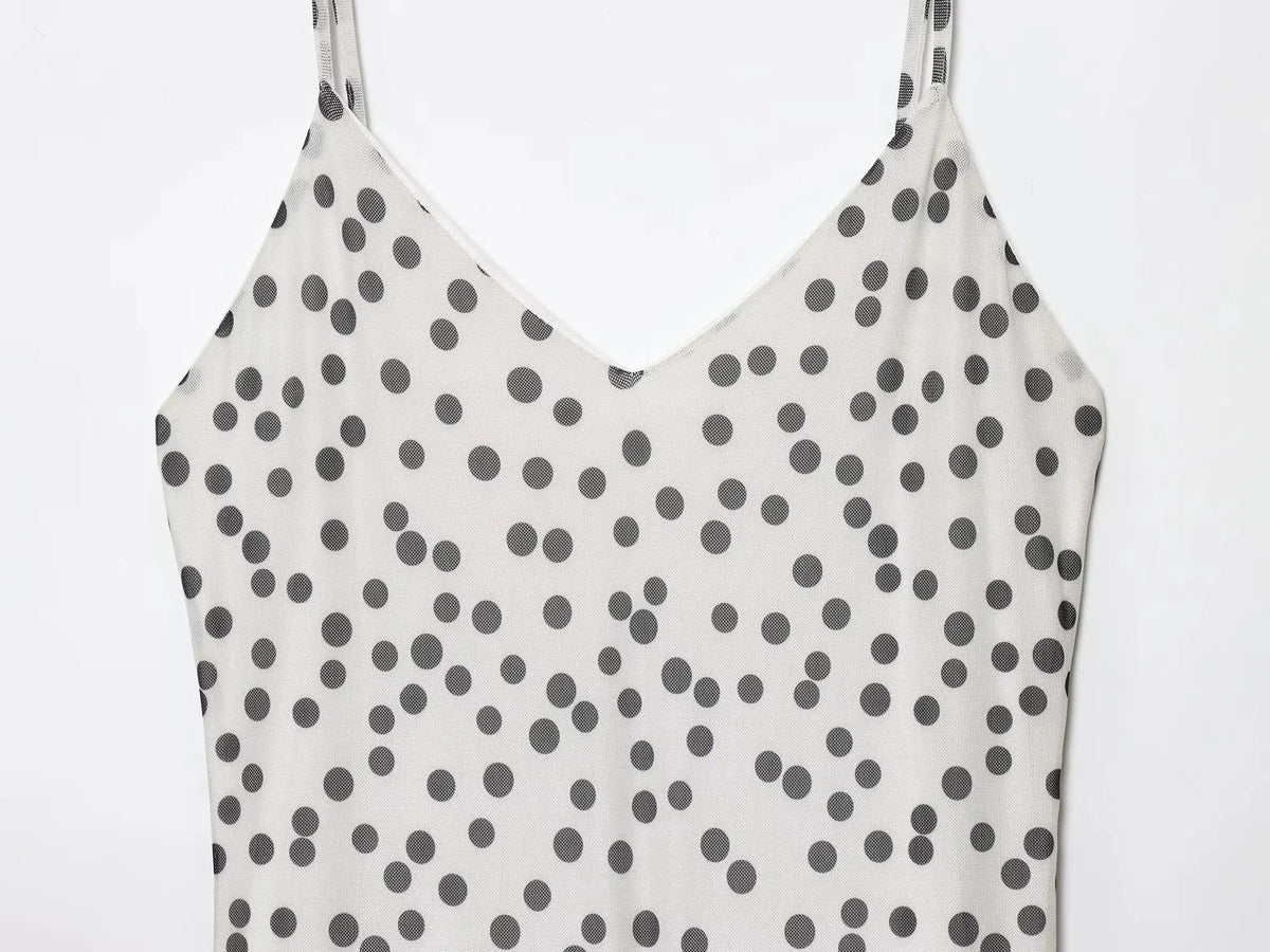 Women's Vintage Polka Dot Printed Midi Dress Summer Holiday Sleeveless Hem Transparent V-Neck Backless Casual Suspender Dress