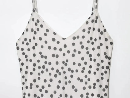 Women's Vintage Polka Dot Printed Midi Dress Summer Holiday Sleeveless Hem Transparent V-Neck Backless Casual Suspender Dress