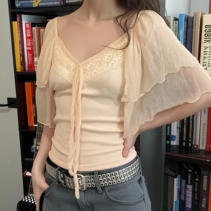 Lace Patchwork Tie-up Bow V-neck Top Summer Tiered Flying Sleeve T-shirt Coquette Aesthetic Slimming Clothing Women