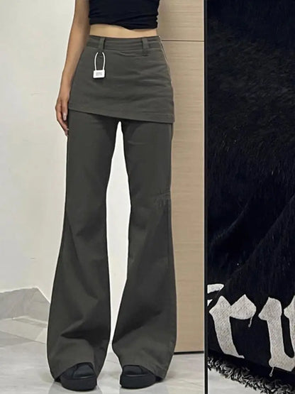 Harajuku Patchwork Women Flared Pants Vintage High Waist American Style Fake Two Piece Trousers Y2k Baggy Solid Gyaru