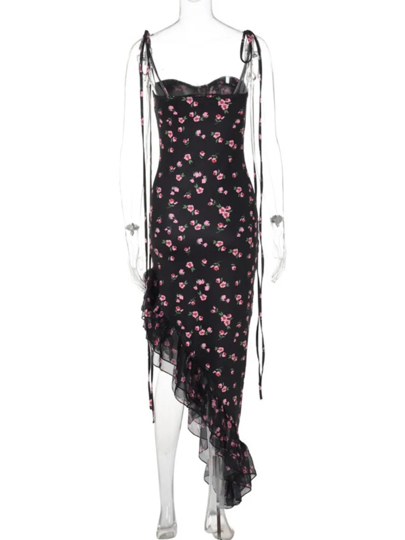 Women's Floral Print Bandage Suspender Holiday Dress Sexy Summer Lace-up Sleeveless Irregular Mesh Ruffles Black Evening Dresses