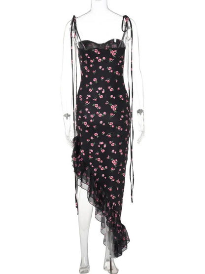 Women's Floral Print Bandage Suspender Holiday Dress Sexy Summer Lace-up Sleeveless Irregular Mesh Ruffles Black Evening Dresses