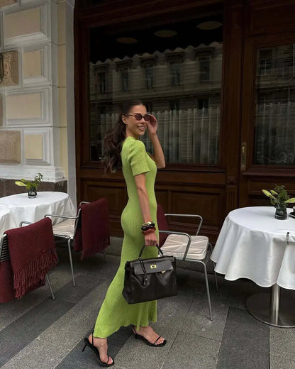 Hollow Out Knitted Short Sleeve Maxi Dress Women's Crew Neck Tie Solid Color Slim Long Dress Summer Casual Streetwear