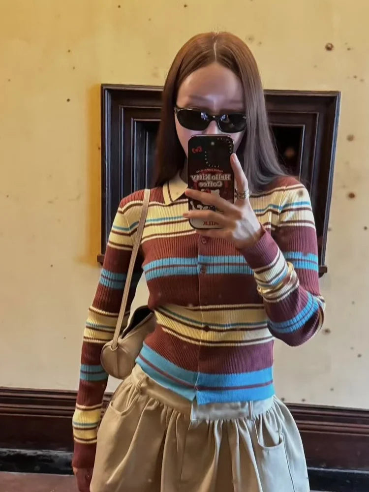 Knitted Contrast Color Striped Cardigans Women Single Breasted Thin Slim Long Sleeve Lapel Female Sweater 2025 Autumn Basic Top