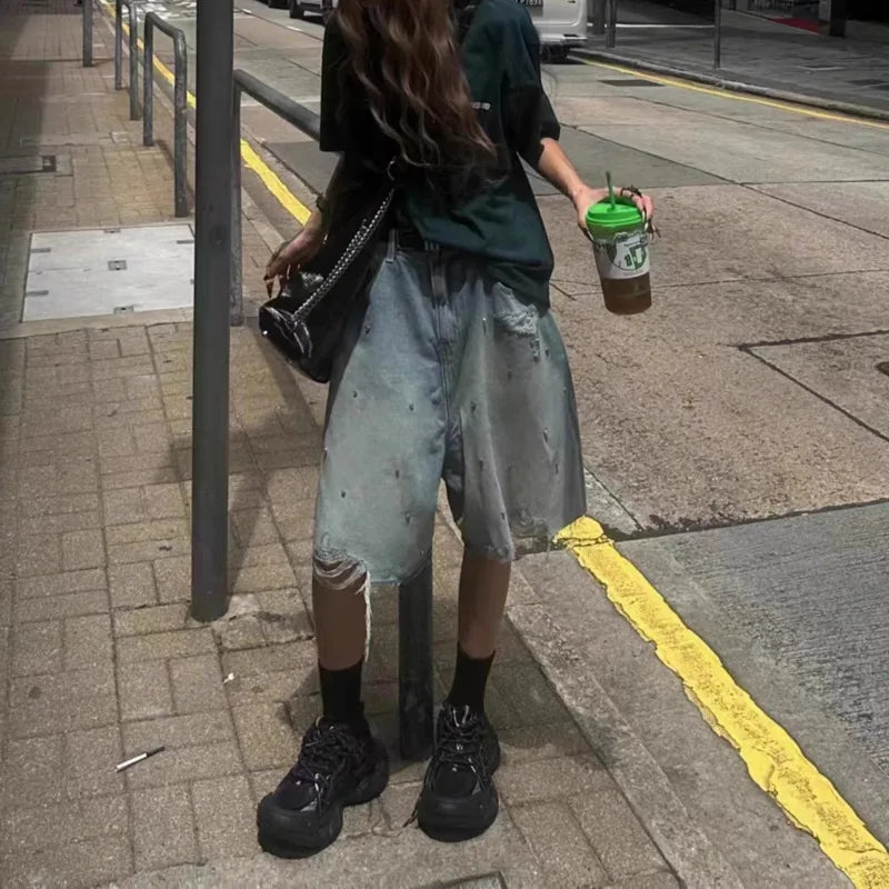 Diamond Studded Denim Shorts Men Women Trousers Summer Design Hip Hop Brushed Work Pants 2000s Baggy Jeans Y2k Streetwear