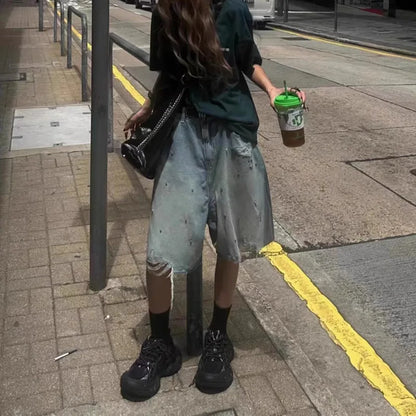 Diamond Studded Denim Shorts Men Women Trousers Summer Design Hip Hop Brushed Work Pants 2000s Baggy Jeans Y2k Streetwear