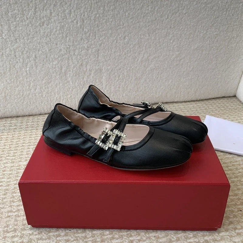Casual Woman Shoe Square Toe Shallow Mouth Female Footwear Crystal Buckle Round New Dress Rhinestone Rubber Leisure Microfiber P
