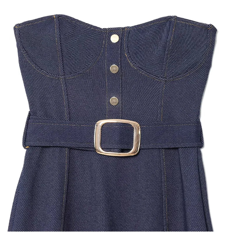 Elegant Off Shoulder Belt Women's Denim Dress Solid Backless Sleeveless Strapless A-line Dresses 2025 Summer Fashion Lady Robes