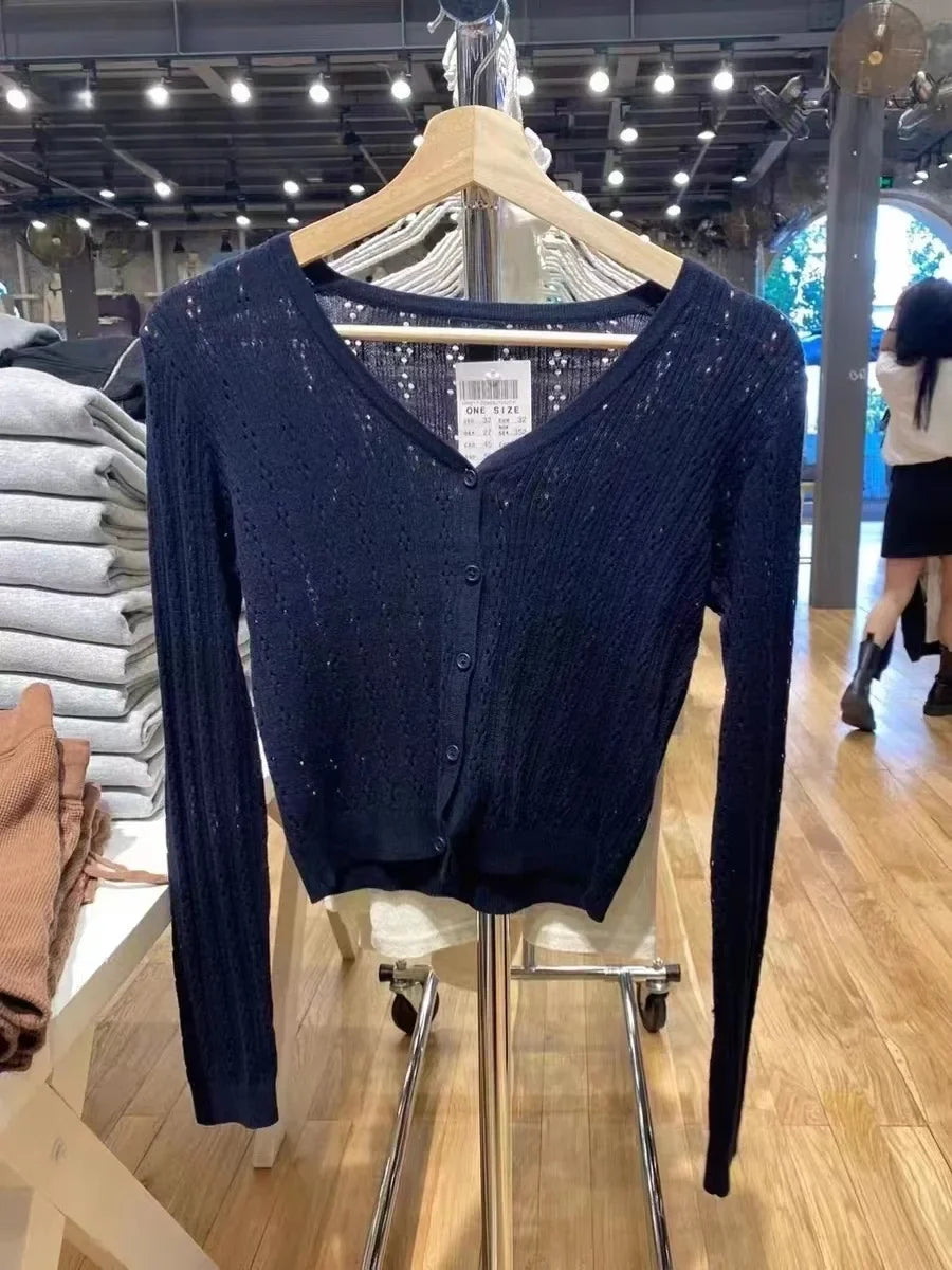 Hollow Out Solid Knitted Tops Women Spring Sexy V Neck Cotton Long Sleeve T-shirt Female Vintage Simple Cute Crop Top Chic