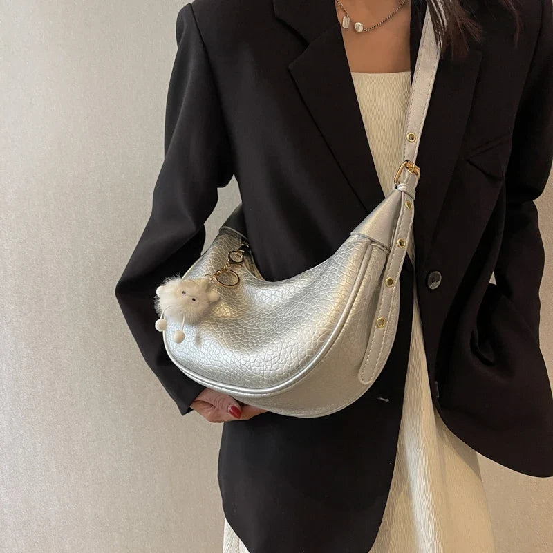 Silver PU Leather Shoulder Bags For Women 2024 Y2K Large Capacity Female Underarm Crossbody Bag Handbag Sac A Main