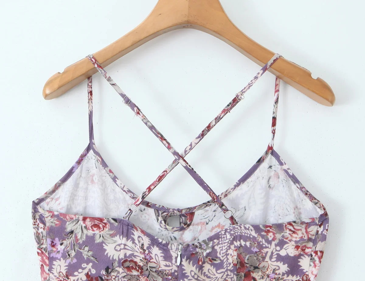 Vintage Floral Print Sling Vacation Dress Women New 2026 A-line Midi Big Swing Casual Summer Dresses