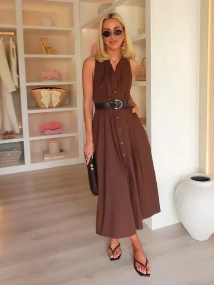 Fashion Brown Sleeveless Long Dress With Belt Round Neck Fashion Pleat Summer Dress Button Elegant Chic Femme Vestidos