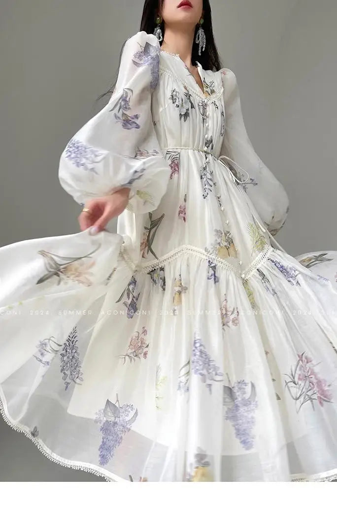 High Quality Fashion Vintage Women Spring Autumn Print Flower V Neck Lantern Sleeve Boho Casual Party Holiday Dresses