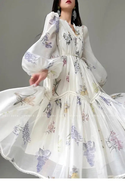 High Quality Fashion Vintage Women Spring Autumn Print Flower V Neck Lantern Sleeve Boho Casual Party Holiday Dresses