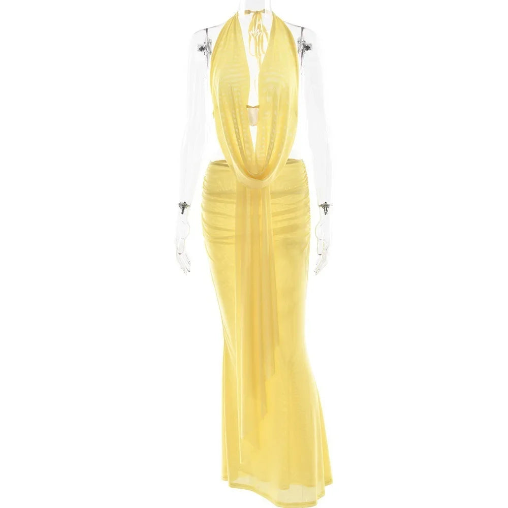 Women's Mesh Maxi Skirt 2 Piece Set Low Cut V-Neck Tie Sexy Backless Halter Lacing Top Slim Bodycon Long Skirt Partywear