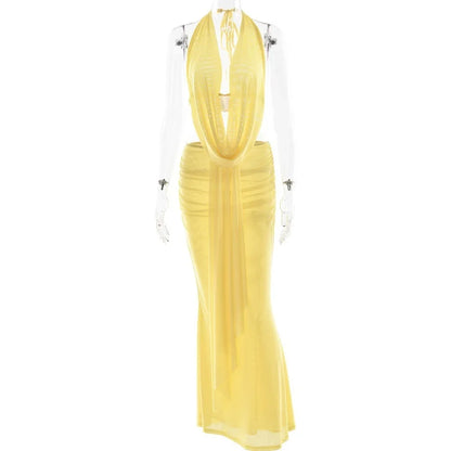 Women's Mesh Maxi Skirt 2 Piece Set Low Cut V-Neck Tie Sexy Backless Halter Lacing Top Slim Bodycon Long Skirt Partywear