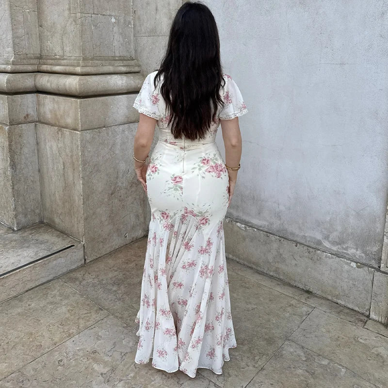 Fashion Women's Dress V-neck Short Sleeve Slim Female Print Floral Dresses Summer Sexy Elegant Holiday New Party Lady Robe