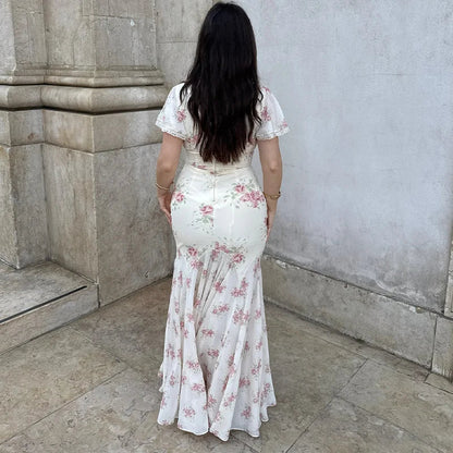 Fashion Women's Dress V-neck Short Sleeve Slim Female Print Floral Dresses Summer Sexy Elegant Holiday New Party Lady Robe
