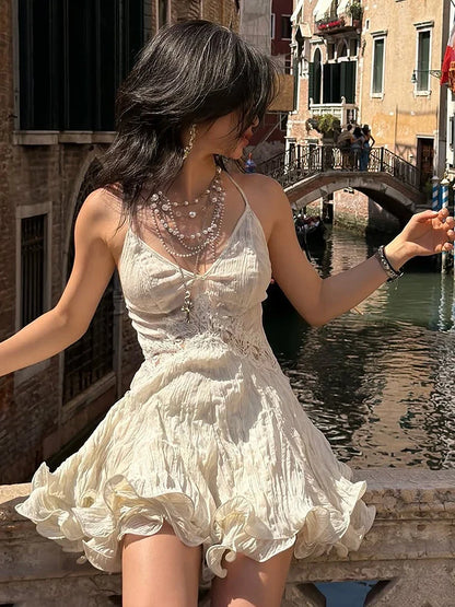 Woman Lace Patchwork Sling Dress Low-Neck Cross Bandage Backless Puffy Hem Sweet Girls Birthday Party Elegant Bodycon