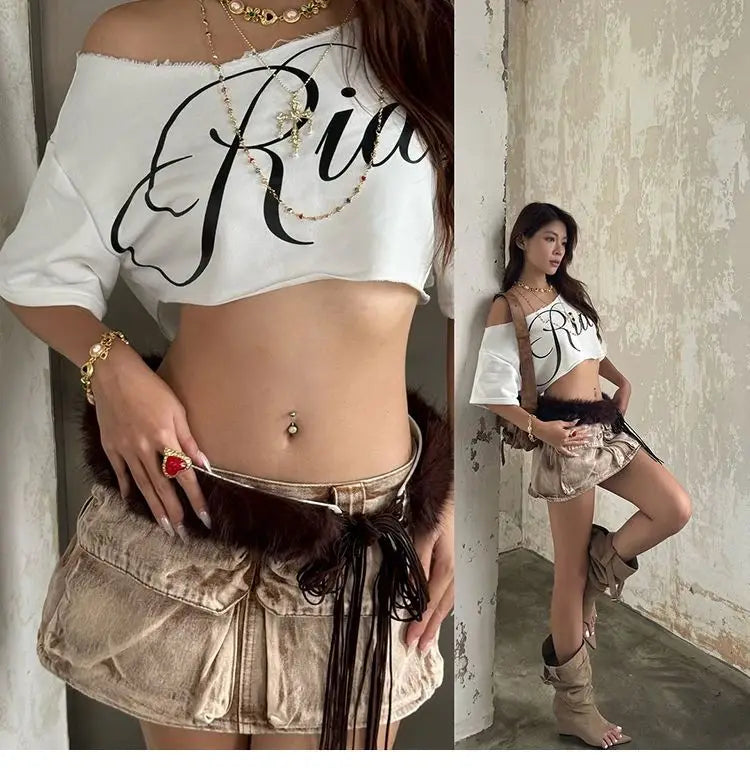 Y2K Distressed Print Crop Top-Women's Off Shoulder High Waist Vintage Tee Retro Grunge Style Ripped Short Sleeve Shirt