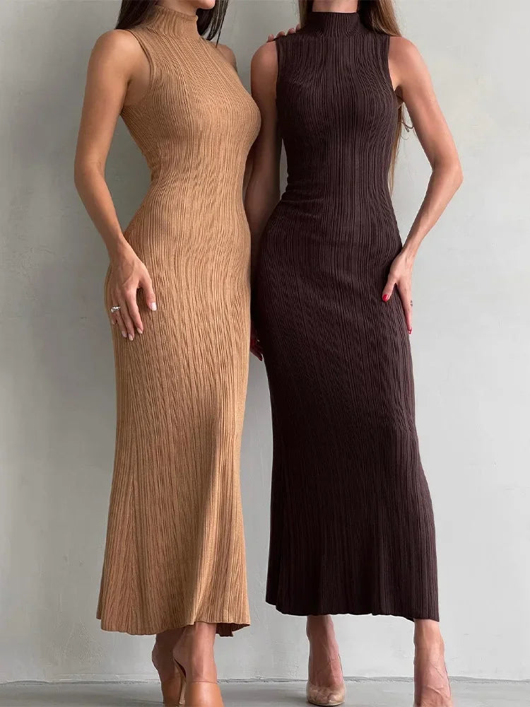 Spring Sleeveless Knitwear Turtleneck Long Dress Female Slim Elegant Fashion Autumn Ribbed Knit Dress For Women Maxi Dress