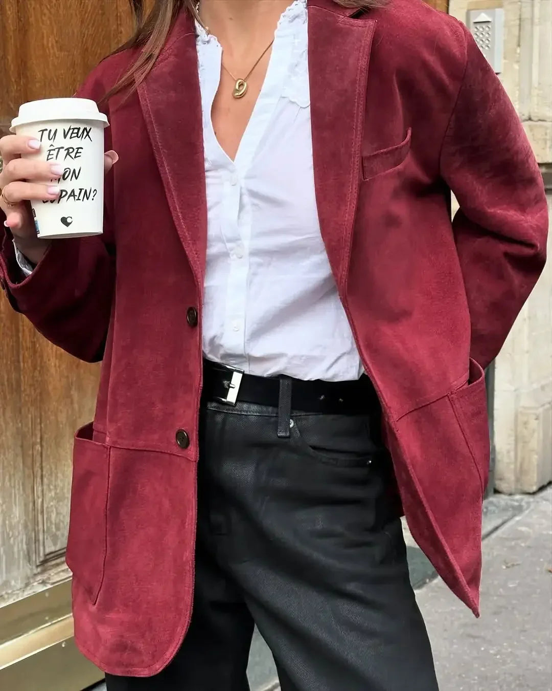 Vintage Wine Red Suede Lapel Jacket Women Chic Single Breasted Laple Full Sleeve Loose Office Elegant Overcoat Autumn