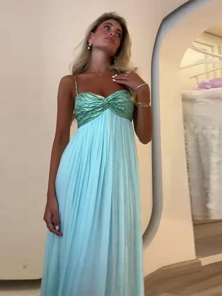 Sexy Pleated Patchwork Sling Long Dress Women Sleeveless Backless A-line Holiday Maxi Dresses 2025 Summer Lady Beach Party Robes