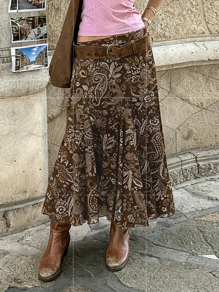 Women's Vintage Brown Floral Print Maxi Skirt New Spring Summer Retro Style A Line Long Skirt Casual Boho Outfit No Belt