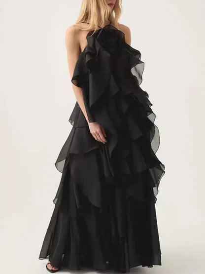 Halter Tiered Ruffle Cascading Flounce Maxi Gown