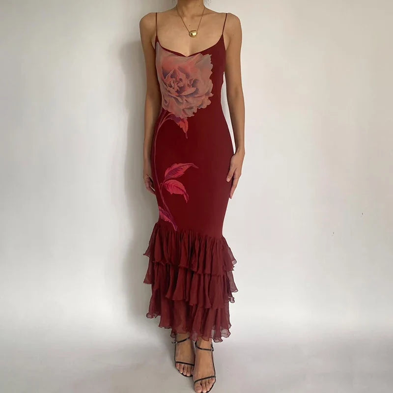 Women's Asymmetric Tulle Layered Mermaid Dress Spaghetti Straps Floral Print Bodycon Sexy Backless Elegant Long Dress