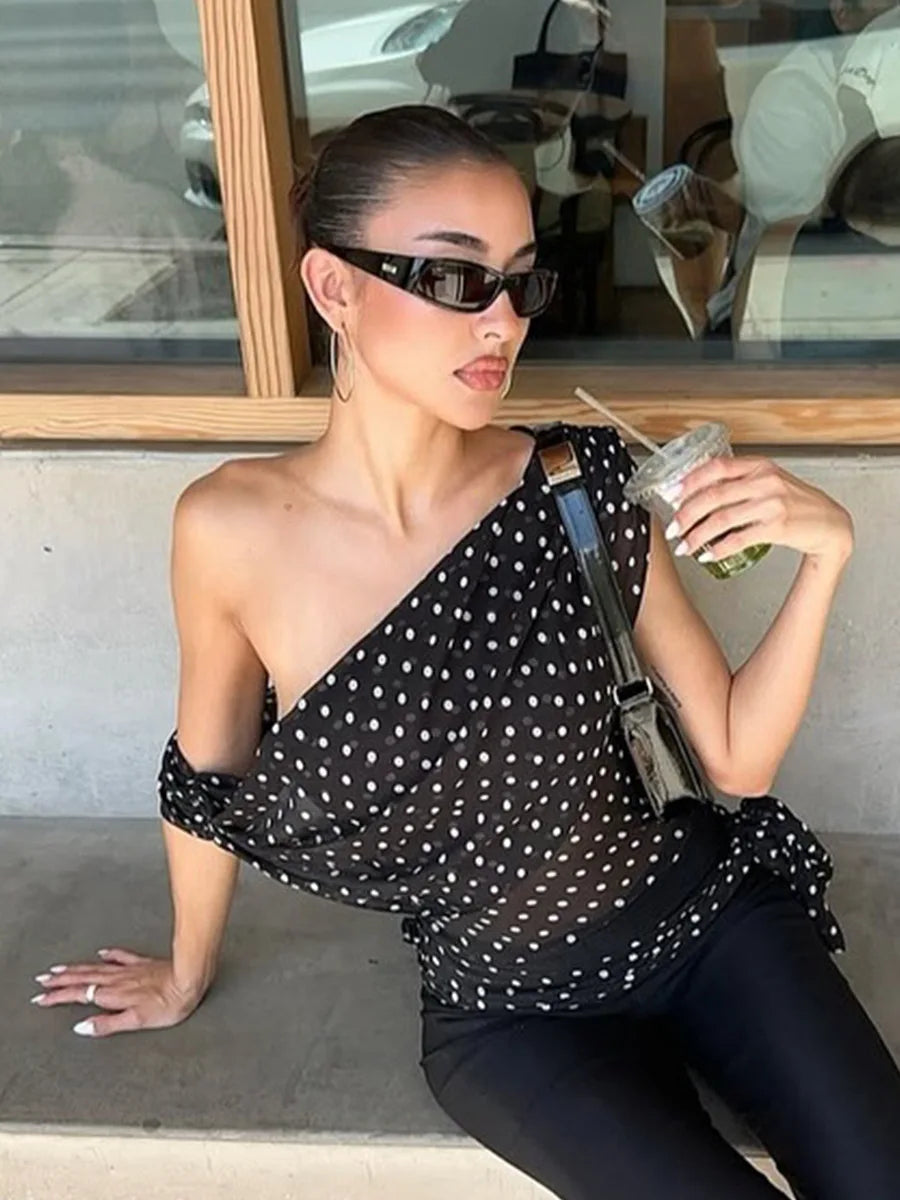 Black Polka Dot Sexy Asymmetric Blouse Women Sheer Mesh One Shoulder Draped Crop Top Women's Date Night Party Club Top