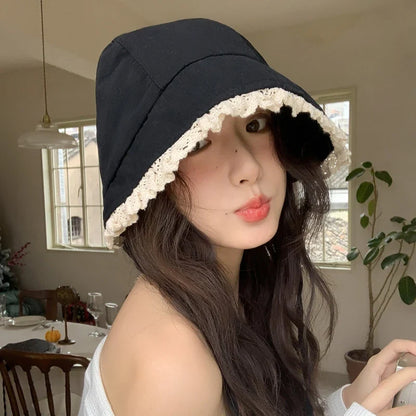 Japanese Retro Y2K Lace Edge Loli Hats for Women Spring and Summer Travel Photo Versatile Sunscreen Sweet Strap Sun Hat