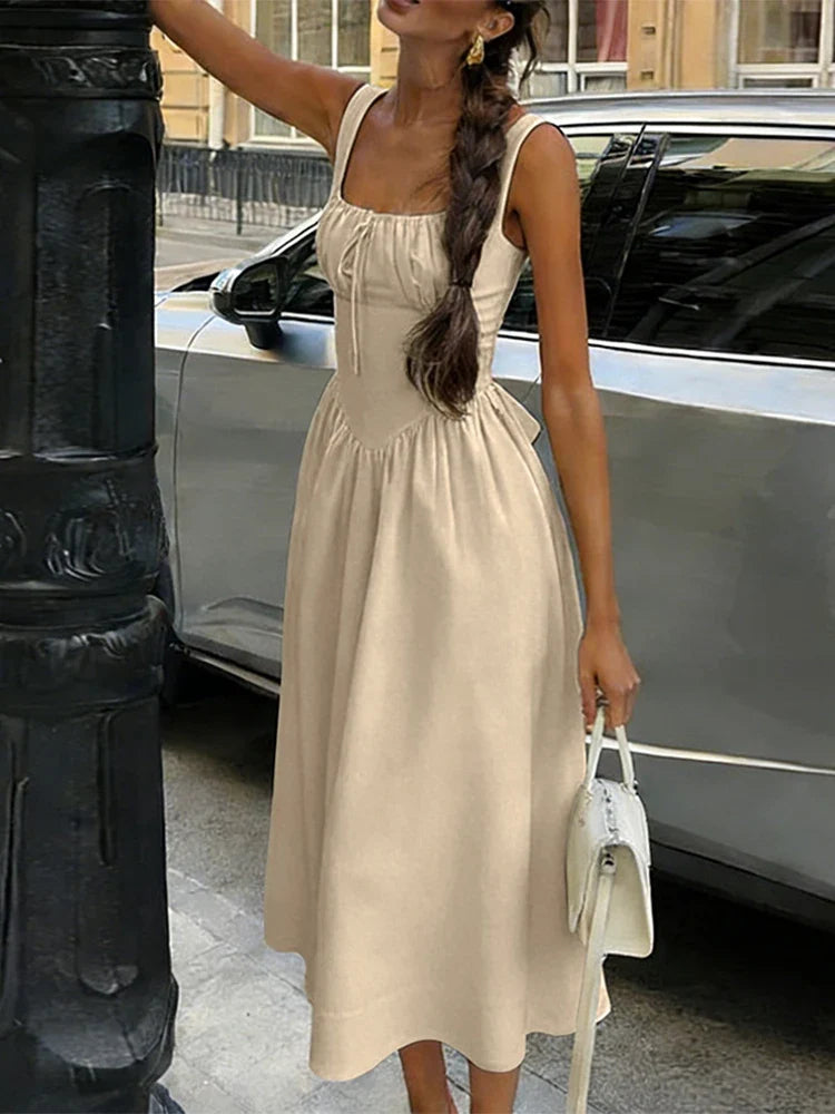Retro Sleeveless Midi Dress Women Summer High Waist Lace Up Ruffle Long Dresses Holiday Beach Party Backless Dress Femme