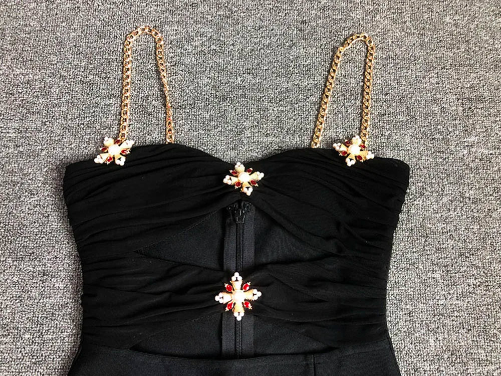 Chain Strap Sweetheart Cutout Rhinestone Brooch Slit Midi Dress